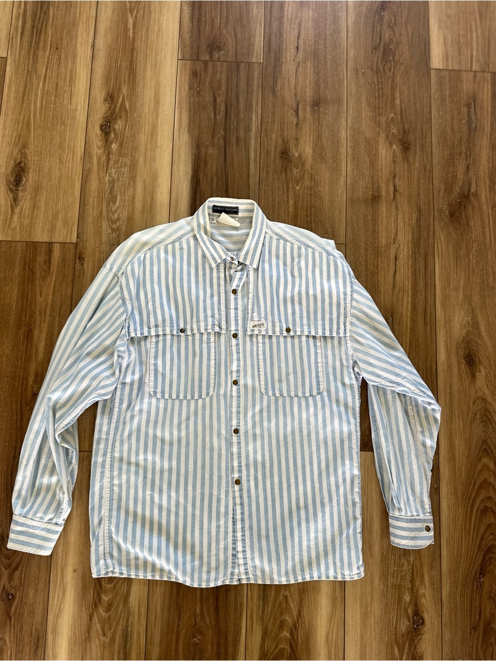 Guess Men's vintage Y2K Light Blue and White Striped Button-Down Shirt size 0